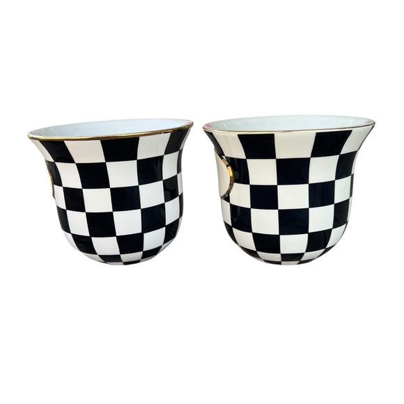 MacKenzie-Childs Courtly Check Black Tie Ceramic Herb Pot Set 4x5 GUC READ - Picture 2 of 11